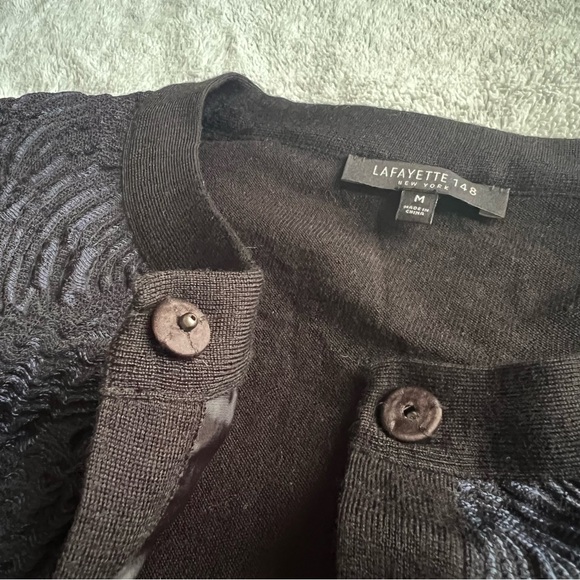 Lafayette 148 Wool Metallic Jacquard Knit Floral Cardigan Jacket Topper Medium - Picture 9 of 12